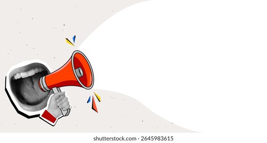 Boca gritando em um megafone vermelho, lugar para texto. Estilo de colagem moderno. Ilustração vetorial