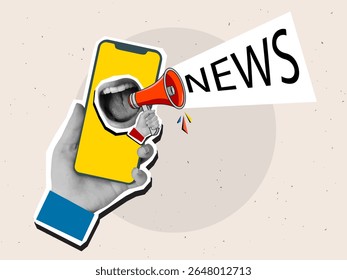 Mouth screaming into a red megaphone from a phone screen.Modern collage style. Vector illustration