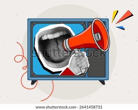 mouth screaming into a red megaphone from a retro TV screen. Intrusive advertising. Vintage electronics.Modern collage style. Vector illustration