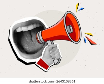 Mouth screaming into a red megaphone.Modern collage style. Vector illustration