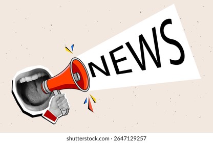Mouth screaming News into a red megaphone.Modern collage style. Vector illustration
