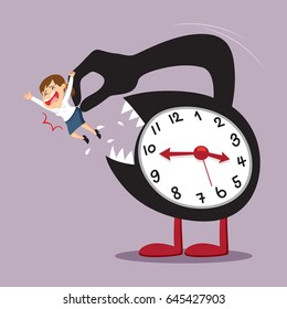 Mouth and sharp teeth clock eating businesswoman, vector illustration cartoon