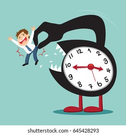 Mouth and sharp teeth clock eating businessman, vector illustration cartoon