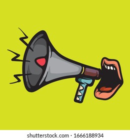 Mouth shouting on megaphone. Announcement, declaration speech talking on speaker cartoon illustration