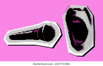 Mouth shouts into the microphone grunge pop art collage. Halftone speaker and an open-mouthed paper collage element. Musician's performance, a scream. Vector illustration. aesthetics of grunge punk