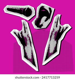 Mouth shouts into the microphone hands rock grunge pop art collage. Halftone speaker and an open-mouthed paper collage element. Musician's performance. Vector illustration. Aesthetics of grunge punk