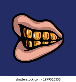 Mouth showing shiny golden teeth. Luxury, rich and expensive vector concept. Illustration isolated on blue background