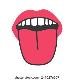 Mouth Showing Tongue. White teeth and red lips facial expression. Pop art clipart. Hand drawn vector illustration