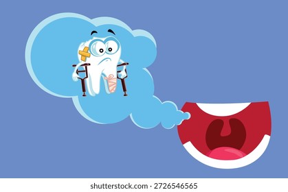 
Boca com uma ilustração vetorial do conceito de dente doente. Desenho animado de um dente em muletas que está muito doente
  