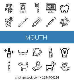 mouth simple icons set. Contains such icons as Scare, Tooth, Toothbrush, Toothpaste, Dentist tools, Laughing, Lipstick, Electric toothbrush, can be used for web, mobile and logo