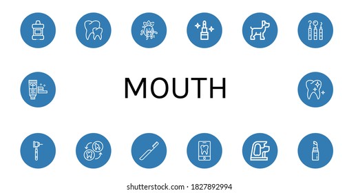 mouth simple icons set. Contains such icons as Mouthwash, Teeth, Scare, Lipstick, Dog, Dentist tools, Dental drill, Tooth, Toothbrush, Toothpaste, can be used for web, mobile and logo