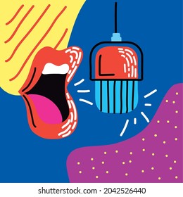 mouth singing with microphone on colored background