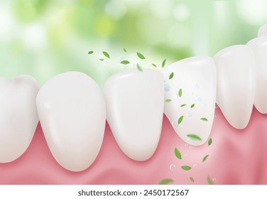 Mouth smells fresh because the teeth are strong, white and clean. Vector illustration advertising toothpaste, mouthwash, dental floss.