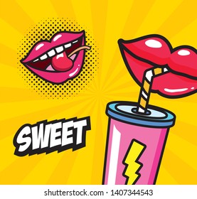 mouth soda drink straw sweet pop art elements vector illustration
