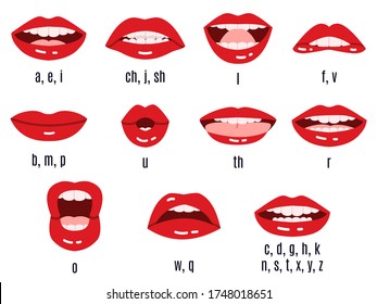 Mouth sound pronunciation. Lips phonemes animation, talking red lips expressions, mouth speech sync pronounce vector isolated symbol set. Mouth speech english, speak sound and talk illustration