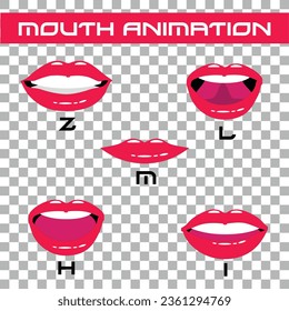 Mouth sound pronunciation. Lips phonemes animation, talking red lips expressions, mouth speech sync pronounce vector isolated symbol set. 