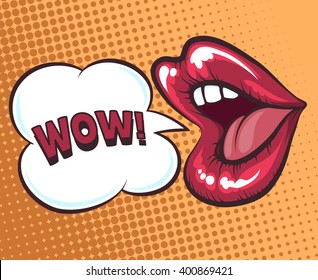 Mouth with speach bubble. Wow and female lips in pop art style concept for advertising or poster. Vector illustration