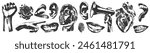 Mouth, speaker, head, strong fist, ear with halftone photocopy stipple effect, for grunge punk y2k collage design. Vector illustration with dotted half-tone brutalist retro design for vintage banner