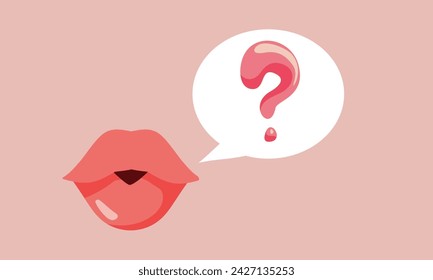 
Mund mit Sprechblase und einer Frage Mund Vektor Cartoon Illustration. Mädchen, die sich wundern und feminine Fragen stellen 
