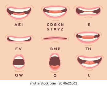 Mouth sync. Animate talking mouths lips with tongue for cartoon character, speaking english articulation and pronunciation signs, decent vector set. Illustration of speech talk sync