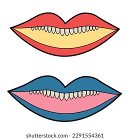 Boca con dientes - estilo hippie floral de los años 60-70. Marco, plantilla, fondo, medios sociales, decoración. Ilustración vectorial vintage.