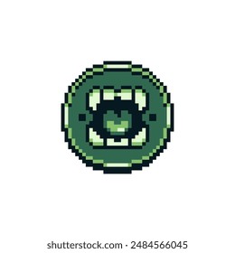 Boca con dientes, Botón, etiqueta engomada abstracta pixel art icon, mostrando fondo de lengua. Diseño logo, insignias, parches, Web, App. Ilustración vectorial abstracta abierta de la boca femenina. Activos del juego de 8 bits.