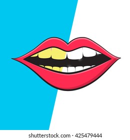 Mouth - Teeth Cleaning Symbol. Vector Retro Dental Hygiene Illustration. White and Yellow Tooth Set.