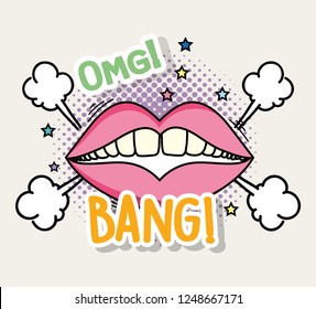 mouth with teeth and fashion patch message