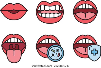 Mouth, teeth, oral cavity, lips line icon set of vector