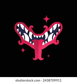 Mouth with teeth and red tongue. Vector. Silhouette of the mouth of a toothy demon. Hero mascot for comics or sports game. Mask for t-shirt design. Gothic, oriental modern style.