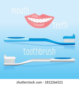 mouth, teeth and toothbrushes on the blue background. Oral care concept set for use illustration vector and simple design.