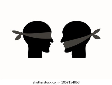 Mouth Tied, Blindfolded. Misunderstanding Due To Communication Problems. Icon Prohibition. Vector Illustration