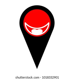Mouth and tongue icon. Vector. Flat white icon in red circle at black marker on white background. Isolated.