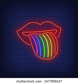 Mouth and tongue with LGBT rainbow neon sign. Homosexuality, tolerance, discrimination design. Night bright neon sign, colorful billboard, light banner. Vector illustration in neon style.