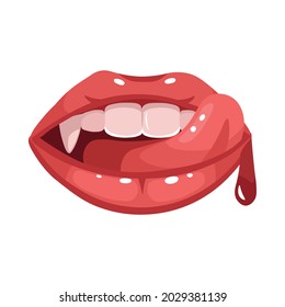 Mouth With A Tongue Licks Teeth.Red Vampire Lips. Mouth With Long Canine Teeth.