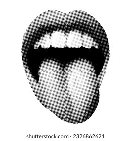 mouth with tongue out isolated halftone dotted texture crazy grunge collage element in white background