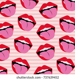 Boca con el patrón de la lengua hacia fuera fijado en la Ilustración vectorial lineal del fondo del color del arte pop