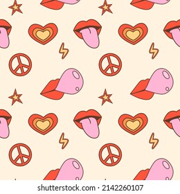 Mouth with tongue sticking out, lips blowing pink bubble gum, peace sign, heart and star retro seamless pattern. Vintage background with 70s 80s nostalgia comic style elements. Vector illustration.