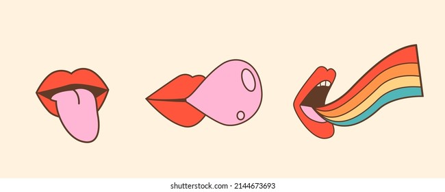 Mouth with tongue sticking out, lips blowing pink bubble gum and open mouth with rainbow. Various mimic emotions and facial expressions. Vector illustration in vintage retro style.