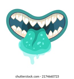 Mouth with tongue and teeth and dripping saliva. Monster mouth illustration in cartoon style. Halloween caricature monster