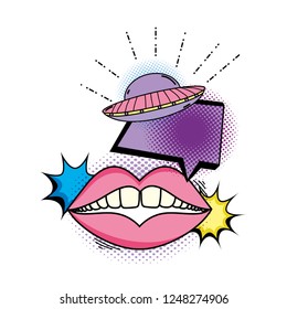 mouth with ufo flying and speech bubble pop art