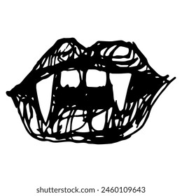 Mouth of vampire with lips and sharp fangs. Hand drawn rough doodle sketch. Black and white silhouette.