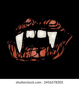 Mouth of vampire with red lips and sharp fangs. Hand drawn colorful rough sketch. On black background.