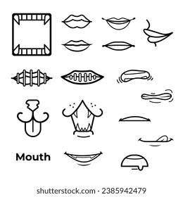 Mouth with various shape and theme vector icon collection set illustration outline isolated on square white background. Simple flat monochrome black and white cartoon art styled drawing.