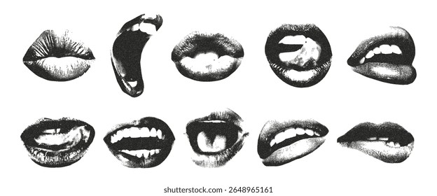 Efeito de fotocópia vintage da boca. Pop art. As pessoas sorriem e gritam. Elementos de face de vetor retroativos definidos em plano de fundo transparente.