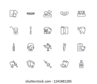 Mouth Wash, Breath, Anesthesia, Dental Protection, care, Plaque, Gauze, Clinic, Intraoral, Mirror, Extraction outline vector icons from 20 set
