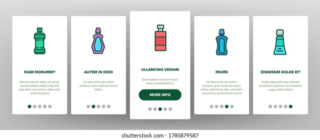 Mouth Wash Hygiene Onboarding Mobile App Page Screen Vector. Mouth Wash Liquid Bottle And Toothpaste Tube, Dental Floss And Teeth Tool Oral Care Cleaner Illustrations
