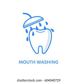 Mouth washing icon isolated on white. Rinsing teeth. Tooth takes a shower with a mouthwash. Dental illustration in flat line style.