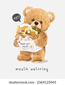 mouth watering slogan with bear doll holding sandwitch box vector illustration