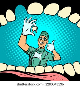 Mouth without tooth. Joyful dentist male doctor. Comic cartoon pop art retro vector illustration drawing